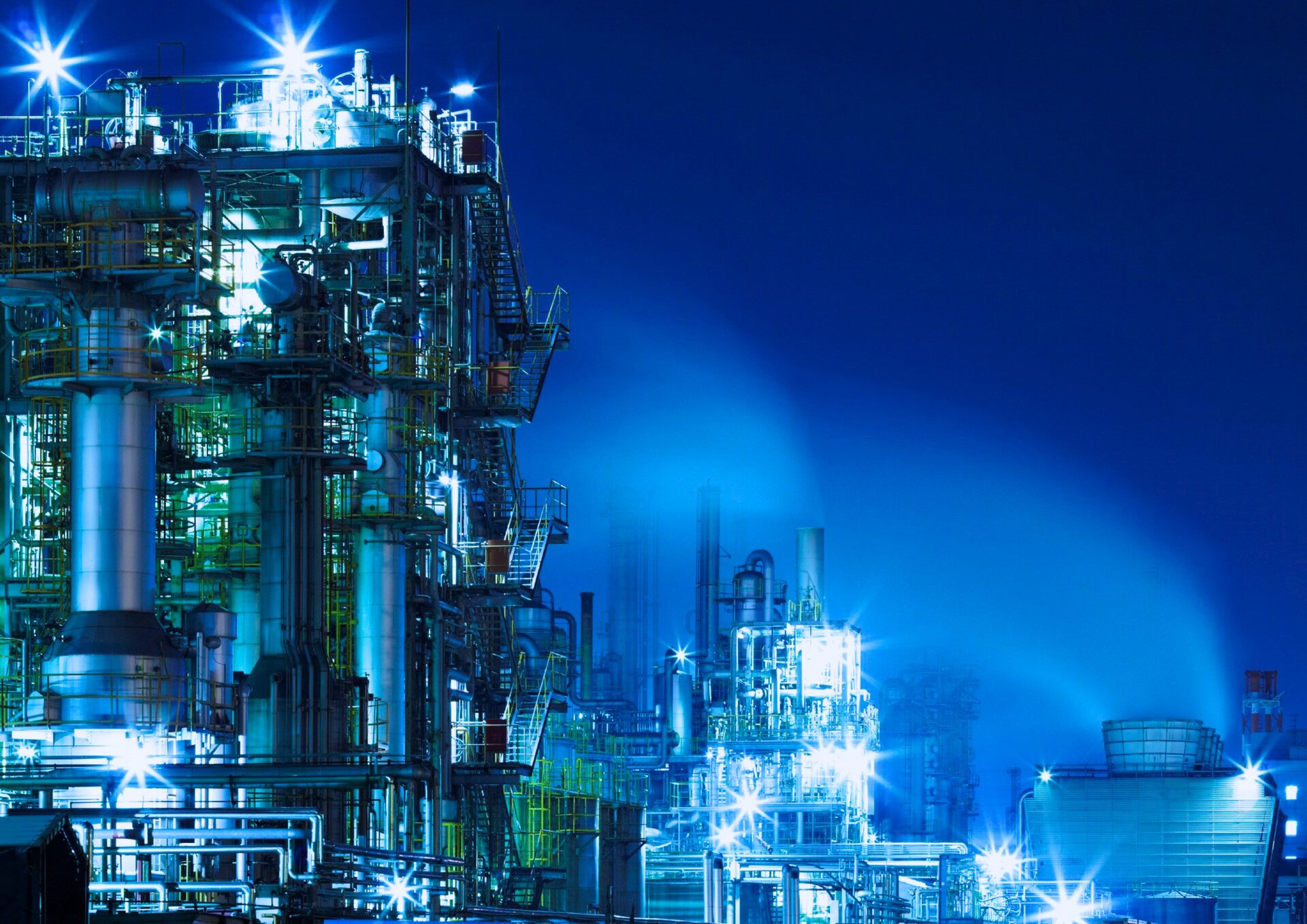 Industrial process plant illuminated at night